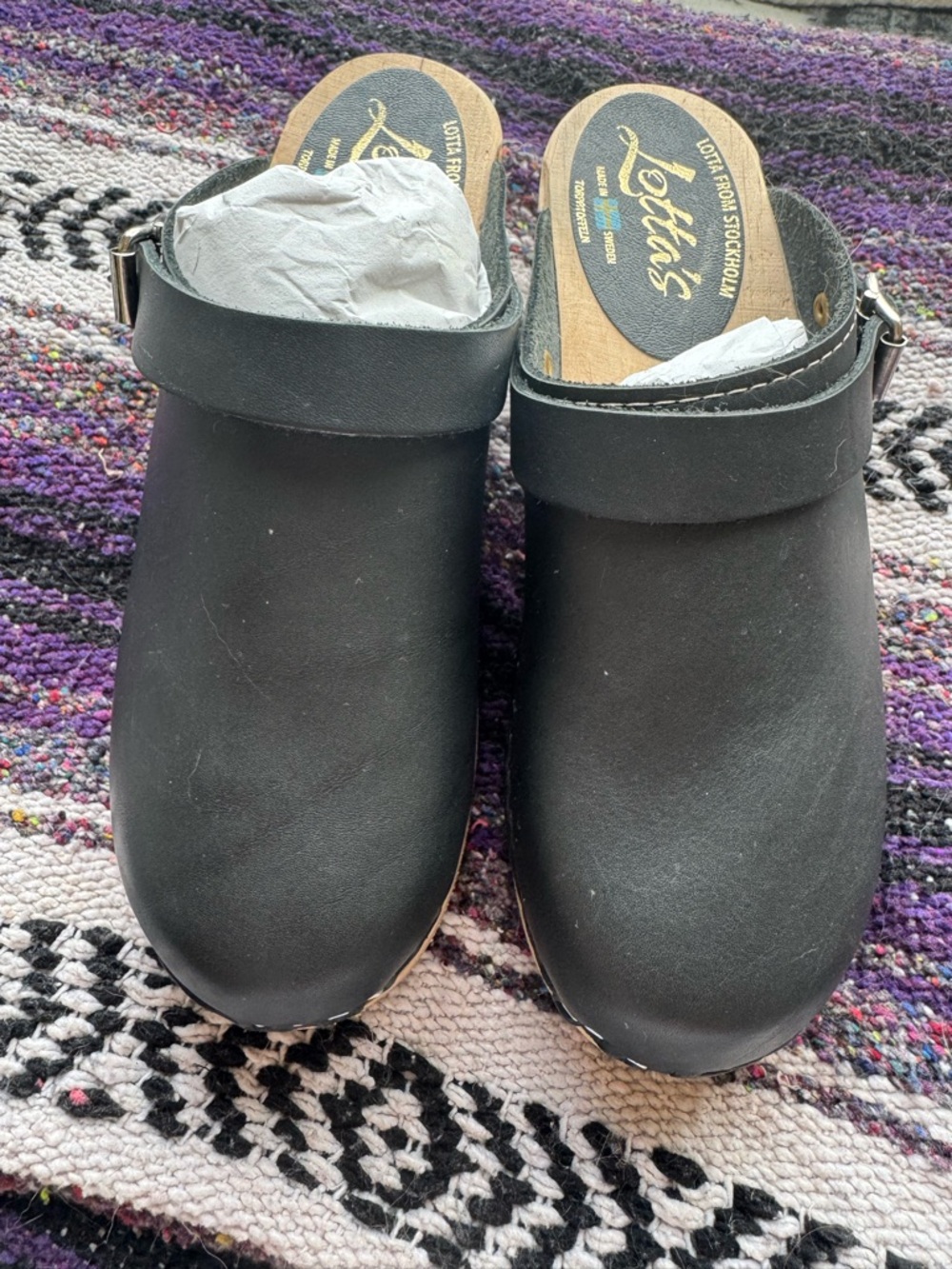 Lotta From Stockholm Black Leather Clogs with Pale Yellow Soles